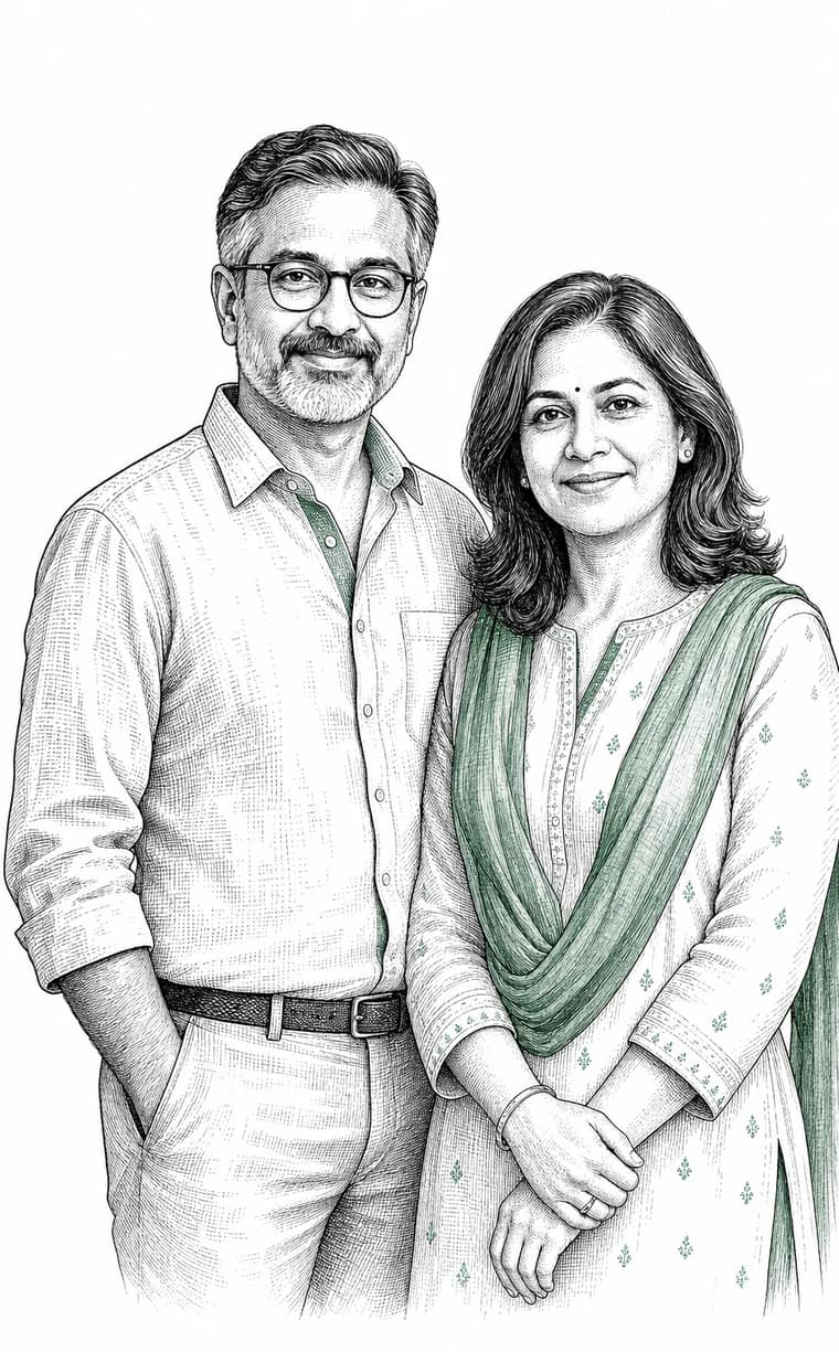 Ink illustration of the hypothetical Desai couple